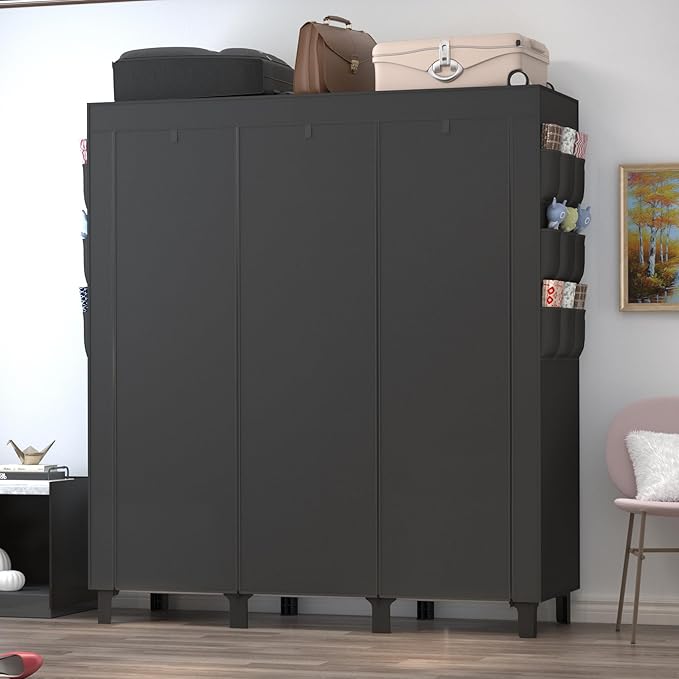 Portable Wardrobe with 10 Storage Racks and 2 Hanging Poles 6 Side Pockets Fleece Cover, Size 130 x 45 x 172 cm, Bedroom Closet Organizer Black
