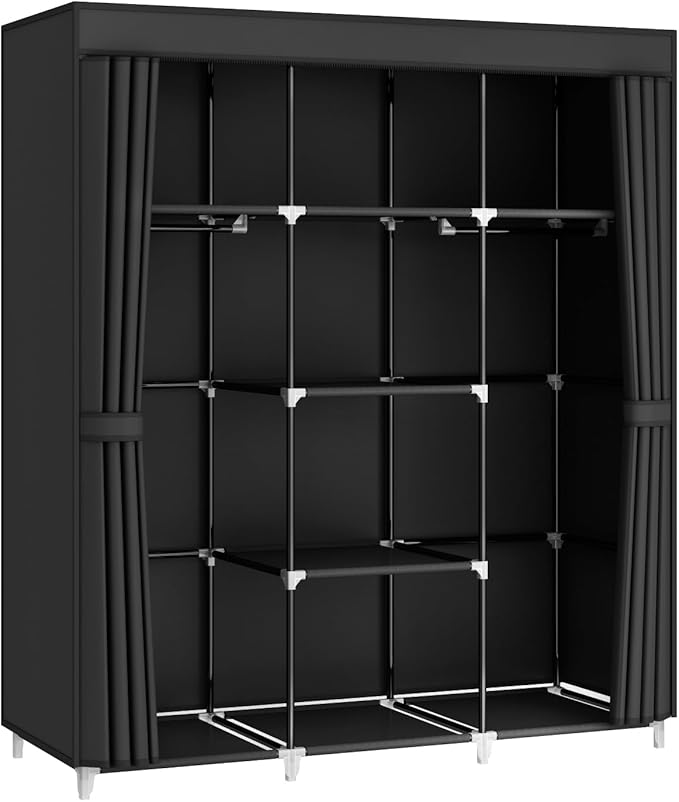 MOGELAFOO Portable Closet Wardrobe, 51-Inch Clothes Organizer with 2 Hanging Rods and 8 Shelves, Non-Woven Fabric Cover, Medium Capacity Storage for Bedroom and Living Room, Black