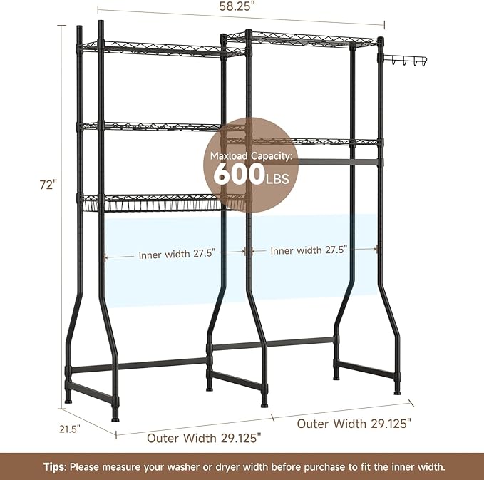 Golpart Over Washer and Dryer Shelves,Heavy Duty Laundry Room Storage Organization Clothes Drying Rack,5 Tier Adjustable Height Wire Shelving and Wire Basket with Hanger Rod&Hook,Space Saving Shelf | Heavy Duty, Clothes Drying Rack, Adjustable Height, ...