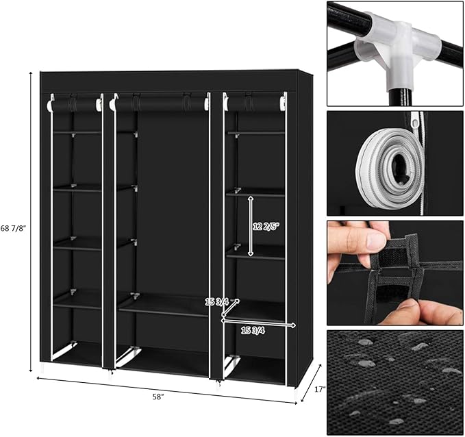 69" Portable Clothes Closet Wardrobe Storage Organizer with Non-Woven Fabric Quick and Easy to Assemble Extra Strong and Durable Black Closet Organizer with Protective Cover MITPATY