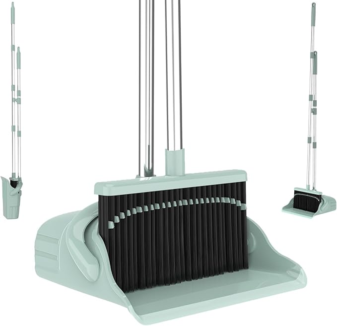 Pet Hair Broom and Dustpan Set, Self Cleaning Teeth No Hair Tangling, Heavy Duty 4 Layer Bristles, Long Handle Upright Sweep Set, Rubber Lip No Dust Left Behind for Home Floor Cleaning(Green)