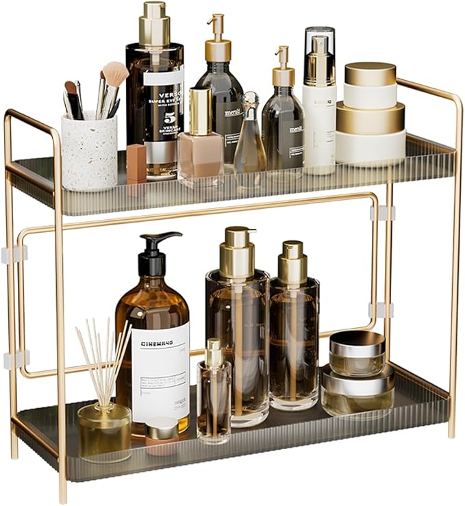 LEEDA 2 Tier Bathroom Counter Shelves, Countertop Shelf Organizer for Bathroom & Vanity, Skincare Organizers Rack,Countertop Organizer for Makeup, Lotion, Kitchen Corner & Dresser Storage(Gold)