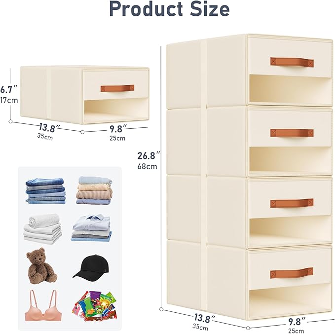 DIMJ Closet Organizers and Storage - Fabric Bins with Drawers for Closet Foldable Clothes Organizers with Clear Window, Stackable Storage Drawers Units for Bedroom, Living Room, Medium 6-Pack, Beige