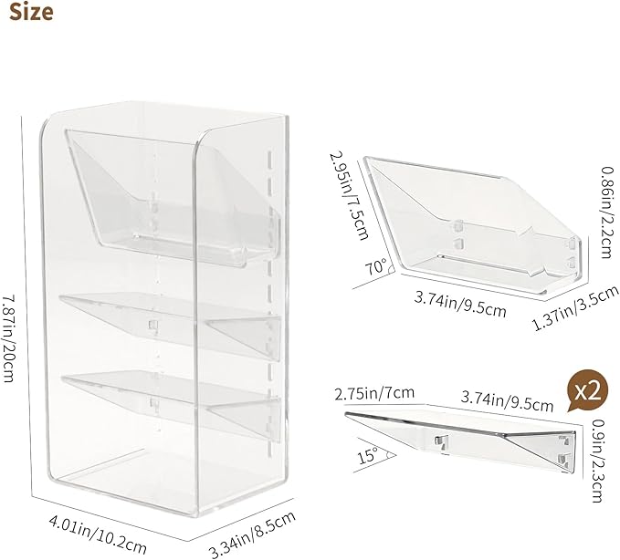 PAVSTINE Medicine Cabinet Organizer with Adjustable Dividers, Clear Vertical Layered Backward Slanting Shelves for Makeup Brush/Lip Gloss/Mascara Storage (3-Tier Slant-Gentle Slant)