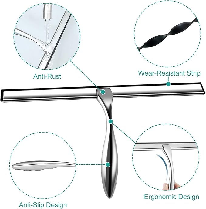 Shower Squeegee for Glass Doors,14-Inch Shower Glass Squeegee, Sliver Shower Squeegee for Shower Doors,Mirror,Windows, with Shower Door Hook and Adhesive Hook