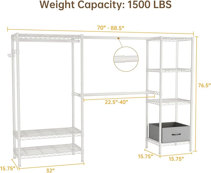 Golpart Coat Rack Clothes Wardrobe：Closet Organizer and Storage Clothing Garment Rack with Shelves Heavy Duty for Hanging Clothes Portable Adjustable White 15.8" Dx(70-88.5)" Wx76.5 H