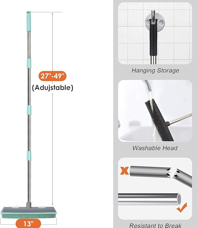 Pet Carpet Hair Rubber Broom with 49inch Long Handle, Portable Detailing Lint Remover, Soft Push Broom for Fluff Carpet, Hardwood, Tile, Window