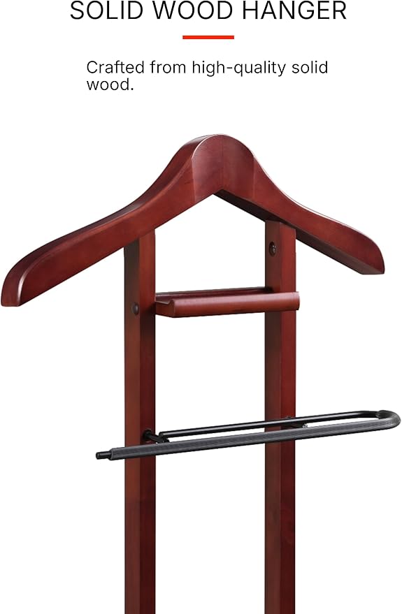 Proman Products Lancaster Suit Valet Stand VL16141 with Tray, Contour Hanger, Trouser Bar, 17" W x 12" D x 42" H, Mahogany