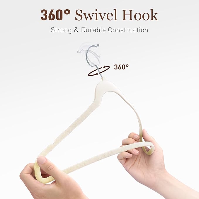 Velvet Hangers 50 Pack, Slim Non-Slip Clothes Hangers Space-Saving for Closet, Heavy Duty for Pants, Coats, Skirts, Jeans, Sweaters and More, Nylon-Flocked, Ivory