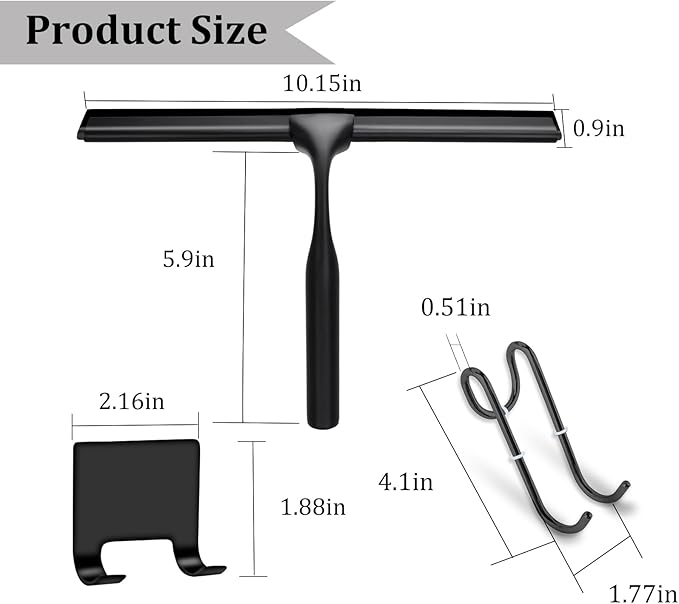 10" Stainless Steel Shower Squeegee for Shower Glass with Adhesive Hook for Cleaning Bathroom Glass Doors Car Window Mirrors and Tile Wall (Matte Black + Hook)