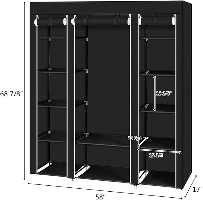 69" Portable Clothes Closet Wardrobe Storage Organizer with Non-Woven Fabric Quick and Easy to Assemble Extra Strong and Durable Black Closet Organizer with Protective Cover MITPATY