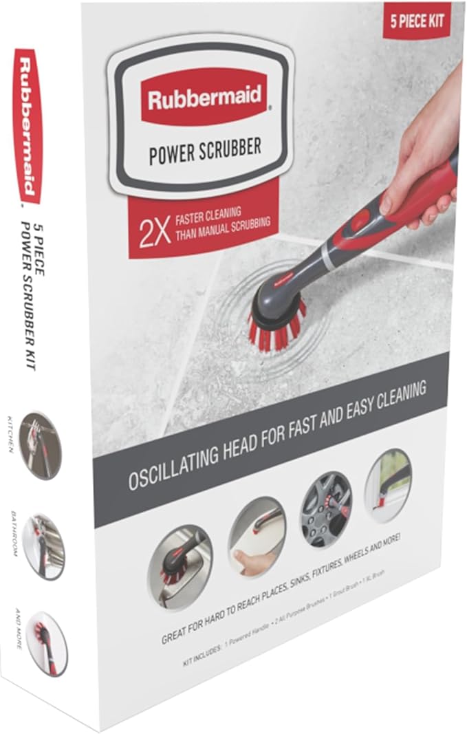Rubbermaid Reveal Power Scrubber 5-Piece Kit, Cordless Electric Battery Powered Spin Scrub Brush, Water Resistant, for Home/Kitchen/Bathroom/Grout/Tile/Shower/Tub