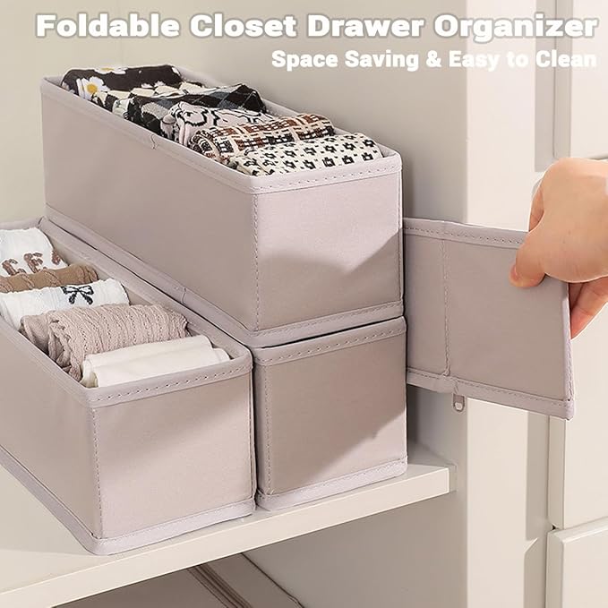 MURRI&MURRDI 6-Pack Foldable Fabric Sock Drawer Organizer, Small Dresser Drawer Organizer for Clothes, Storage Divider Bins for Clothing Underwear Bra Fits Nursery Closet, Gray