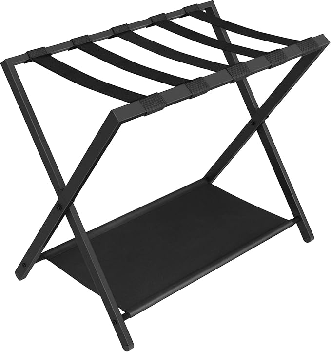 Hzuaneri Luggage Rack, Folding Suitcase Stand for Guest, Foldable, Luggage Holders with Shelf, Steel Frame with Nylon Straps for Bedroom, Hotel, Holds up to 154 lb, Black, 1 Pack LR03801B
