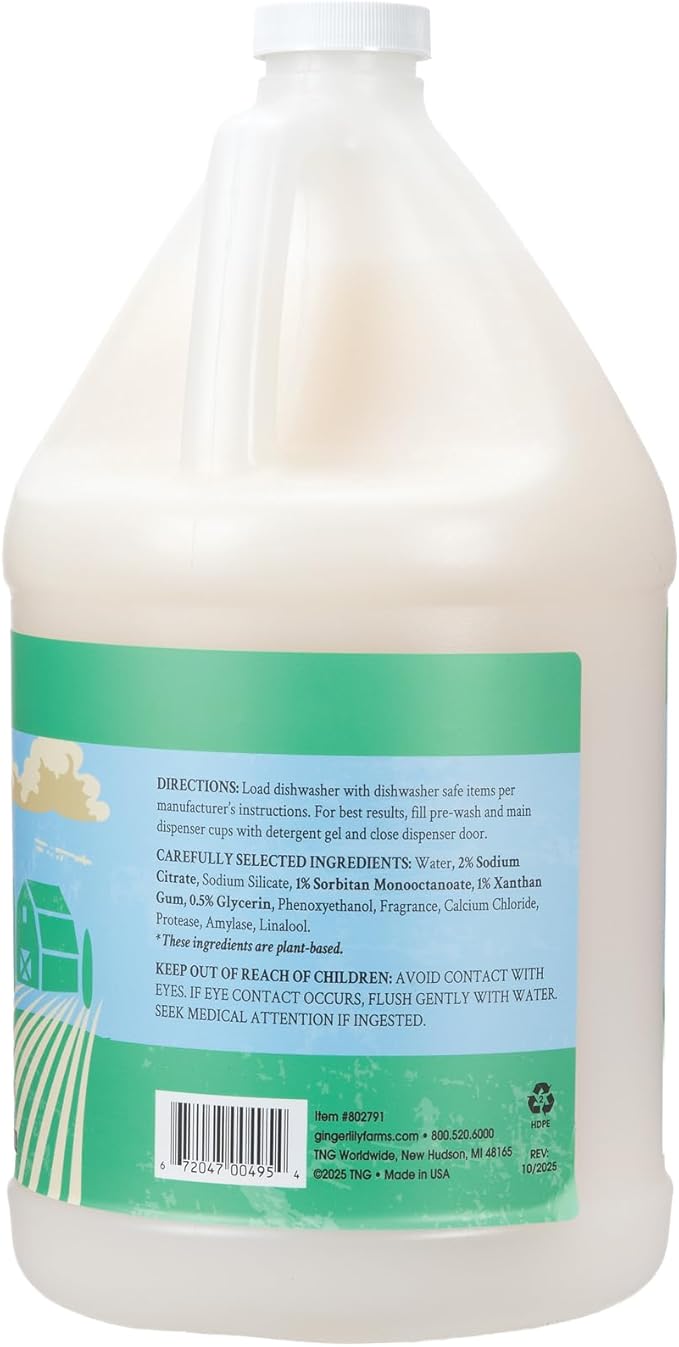 Ginger Lily Farms Botanicals Plant-Based Dishwasher Detergent Gel, 100% Vegan & Cruelty-Free, Basil Scent, 1 Gallon Refill (Pack of 4)