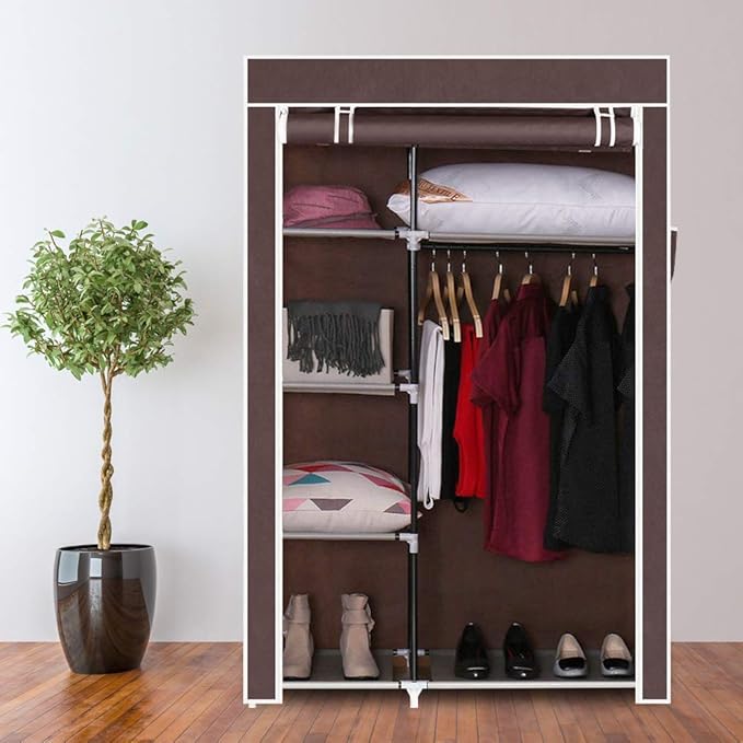 Portable Closet Wardrobe, Closet Storage Organizer Rack with Shelves and Cover for Hanging Clothes, Non-Woven Fabric, Quick and Easy to Assembly (64'', Dark Brown)