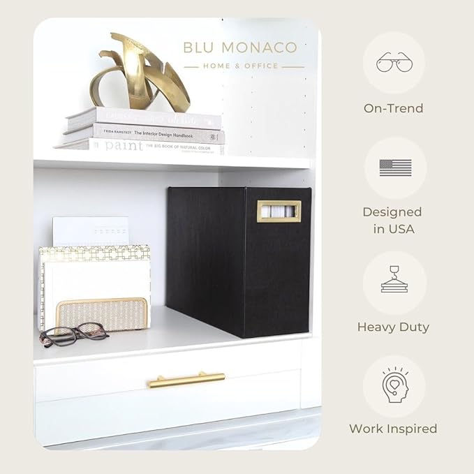BLU MONACO | Black Leather Magazine Basket with Gold Handles | Floor Magazine Rack & Newspaper Stand | Modern Bathroom and Home Storage Organizer