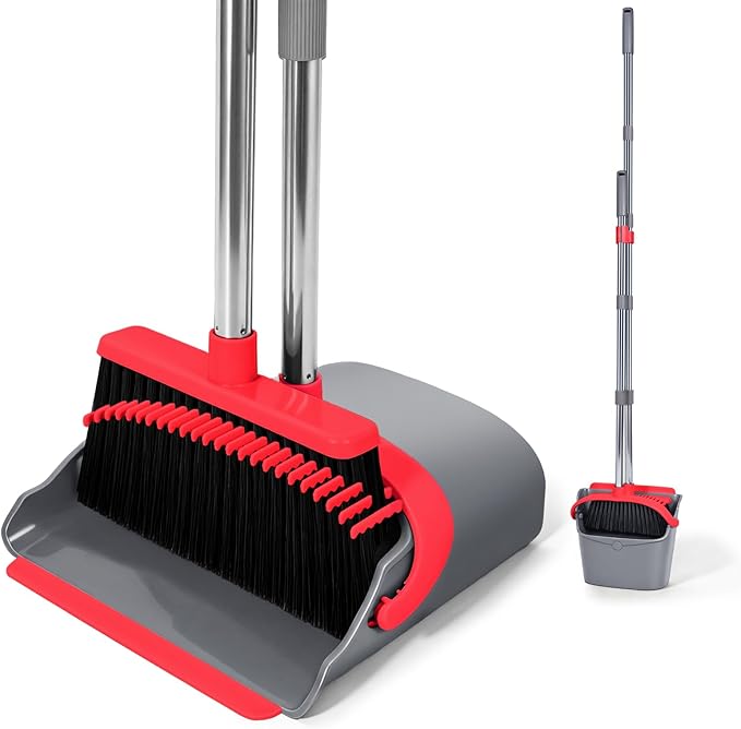 YZO Broom and Dustpan Set, 50.6-Inch Long Handle Standing Design, Dustpan Front Rubber Tight Seal, Broom with 5-Layer Bristles, Suitable for Living Room, Bedroom, Yard, Office and Apartment(Gray&Red)