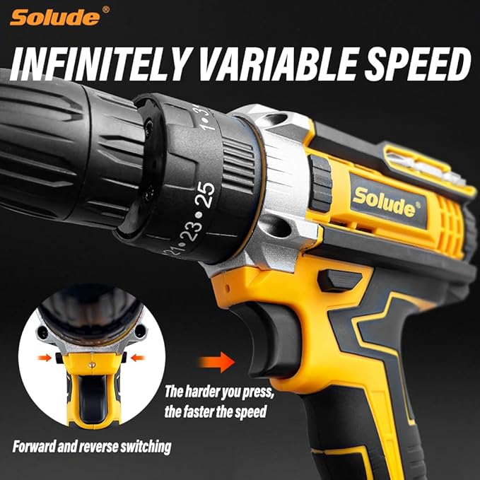 SOLUDE Cordless Drill,12V Power Drill Set with 2 Pack 3.0AH Li-ion Battery, 3/8” Keyless Chuck, 2 Variable Speed,25+1 Position and 23pcs Drill/Driver Bits