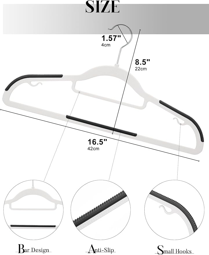 HOUSE DAY Plastic Hangers 50 Pack, Plastic Clothes Hangers Non Slip with Rubber Grip, Heavy Duty Coat Hanger with 360º Swivel Hook, Ultra Thin Hanger Space Saving Closet Organizer - White and Black