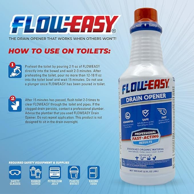 Flow-Easy Professional Virgin Sulfuric Acid Drain Opener – 6 Pack (32oz Bottles) – Fast-Acting Liquid Clog Remover for Grease, Hair, & Soap Scum – Septic Safe & Industrial Strength