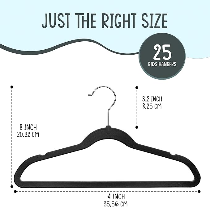 TechZoo 25 Premium Kids Velvet Hangers - 14" Non-Slip Clothes Hangers for Kids & Preteens - Ultra Slim, Space-Saving, Strong & Durable Hangers with 360° Swivel Hook - Black