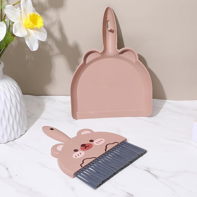 Portable Hand Broom and Dustpan Set, Cute Mini Dustpan and Brush with Bear Pattern, Small Cartoon Space Cleaning Tool for Home Office Desktop Car Camping Kitchen Tabletop (Brown)