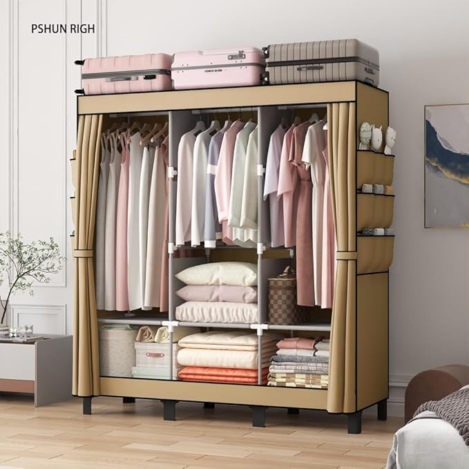 Portable Closet, 51.18" Large Capacity Clothing Storage Organizer with 3 Hanging Rods 6 Shelves 18 Side Pockets, Dustproof Sturdy Wardrobe for Bedroom Dorm Rental Apartment（Colour, Large）