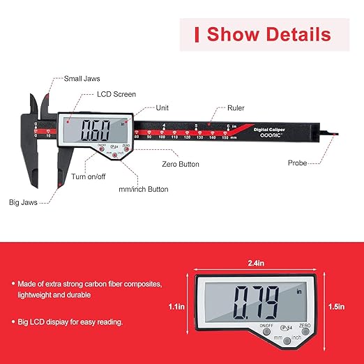 Digital Caliper, 0-6" Electronic Caliper Auto - Off Feature with Large LCD Screen Vernier Caliper Conversion Measuring Tool for Length Depth Inner Outer Diameter Measuring