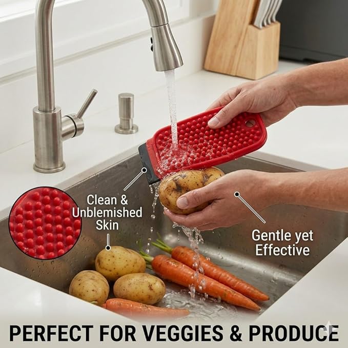FlexiClean 3-in-1 Silicone Dish Sponge - BPA-Free Food-Grade Cleaning Brush with Dual-Sided Scrubber & Scraper, Hanging Hole Fast-Dry Reusable for Dishes/Fruits/Vegetables (Red 2PCS)