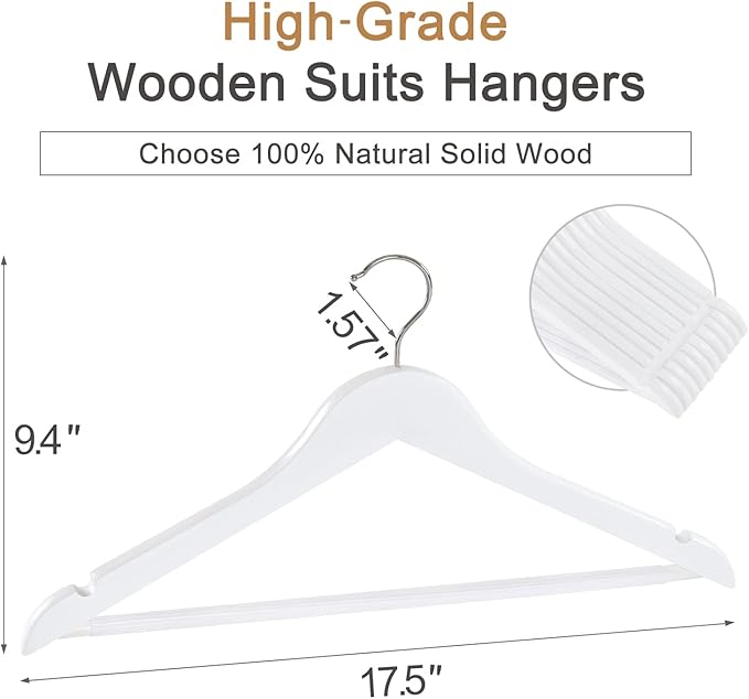 TOPIA HANGER Wooden Coat Hangers 30 Pack, White Wood Suit Hangers with Non Slip Pants Bar, 360° Swivel Hook and Shoulder Notches for Camisole, Jacket, Pants, Smooth Finish Clothes Hangers -CT34W30