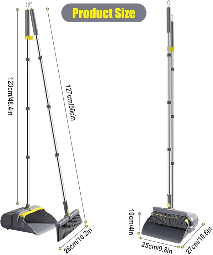 Broom and Dustpan Set with 54" Long Handle, Windproof Stand-Up Dustpan & Broom Combo with 8-Piece Cleaning Tool Kit for Home, Kitchen, Office & Pet Hair Cleaning