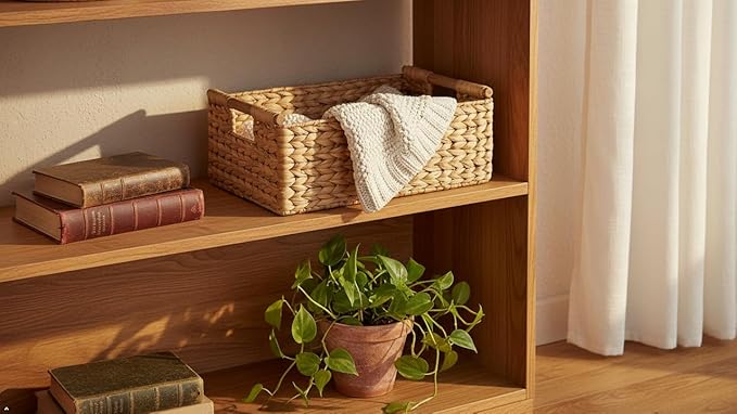 Large Rectangular Wicker Basket - Premium Water Hyacinth Storage Basket with Built-in Wooden Handles for Home Organization, Shelf Organizer, Decorative Natural Handwoven Basket 15.5x10.8x6.2"