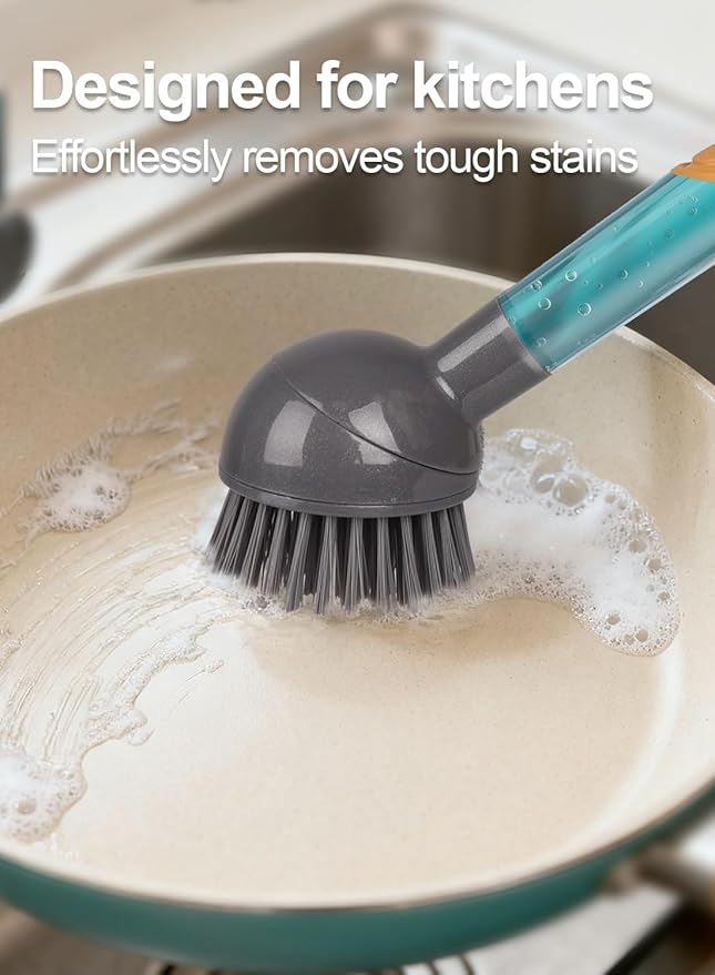 Soap Dispensing Dish Brush Storage Set with 360° Rotating Head, Kitchen Brush with 2 PCS Different Brush Heads & 3 PCS Sponges, Dish Brush Set with Handle for Dishes, Sink, Pans, Pots