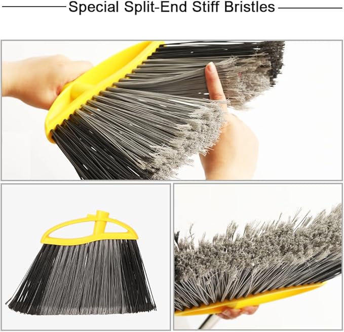 3-Pack Indoor Outdoor Broom Set with Soft & Stiff Bristles, Heavy Duty Sweeping Angle Broom for Corners, Long Handle for Garage, Warehouse, Concrete & Tile Floors