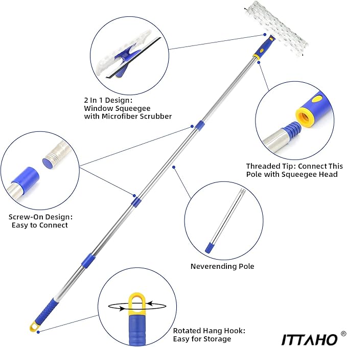 ITTAHO 53" Window Squeegee Cleaner 2 in 1 Window Cleaning Tool Kit Window Washing Kit with Extension Pole for Shower Glass, Indoor/Outdoor High Window Cleaning-Two Pads