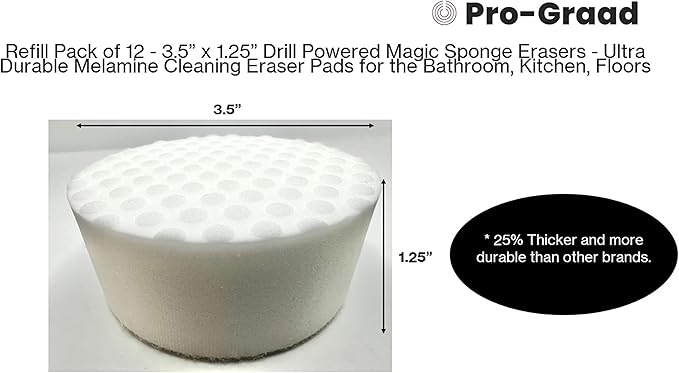 Refill Pack of 12 Drill Powered 3.5” Magic Sponge Erasers | Compatible with RotoEraser | 25% Thicker Ultra Durable Melamine Cleaning Eraser Pads for Bathroom Kitchen Floors | Round 3.5" x 1.25" Thick