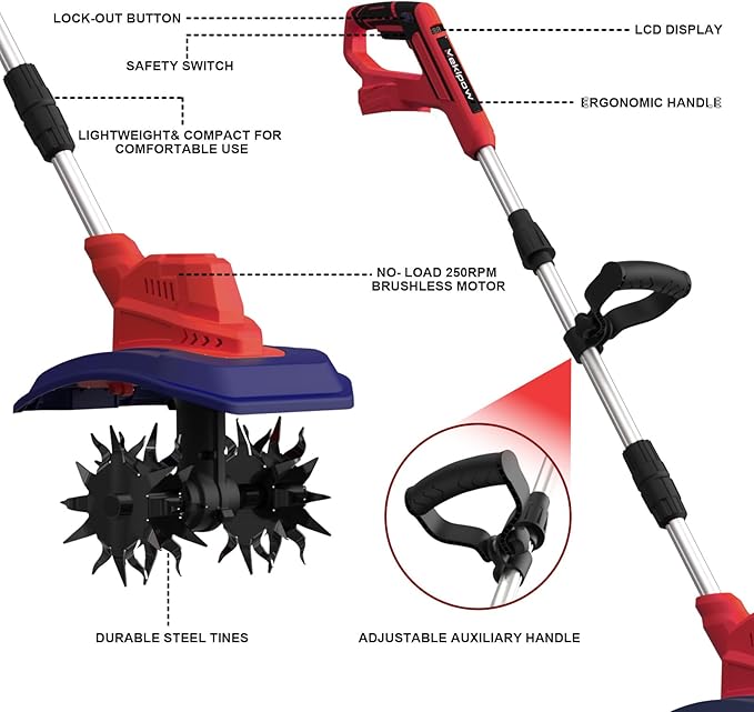 Cordless Garden Tiller Cultivator Compatible with Milwaukee 18V Battery, 250RPM Electric Rototiller with Brushless Motor, 48 Steel Tines, 8.7" Tilling Width, 6.3" Depth, Rotary Tiller(Tool ONLY)