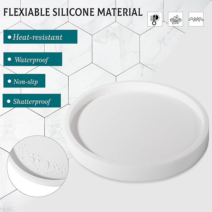 Silicone Bathroom Tray Round Vanity Tray Decorative Soap Holder Kitchen Countertop Organizer Coffee Table Decor for Candle, Perfume, Plant, 10 Inch, White