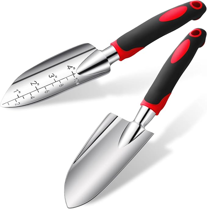 Honoson Garden Hand Trowel Transplant Trowel with Measurements Aluminum Alloy Planting Tools with Rubber Handle Small Gardening Hand Tools Shovels for Gardening Cultivating Transplanting Supplies