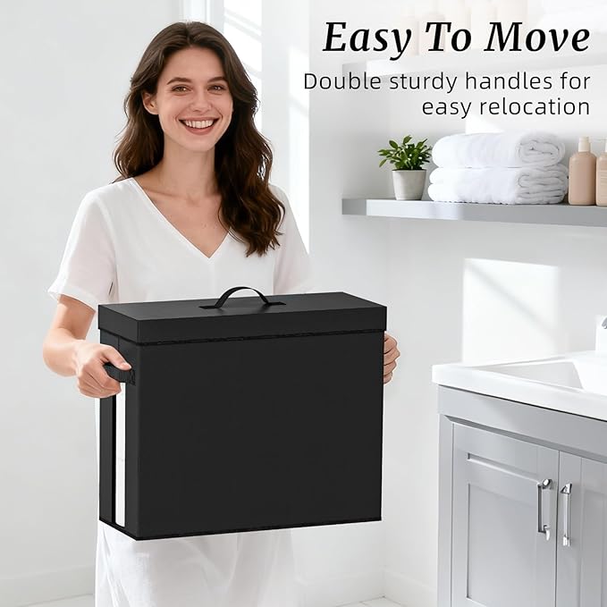 NAMTSO Bathroom Toilet Paper Storage with Lid - for Up to 12 Rolls | Storage Bins with Lids for Towel or Yarn | Free Standing | Foldable | Moisture Resistant | Clear Plastic Window | Black | 1 Pack
