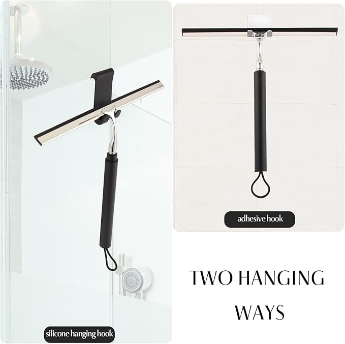 Shower Squeegee with Long Handle – Includes Replacement Silicone Blade, Extendable 13" to 48", 14" Wide for Glass, Mirrors, Windows, Bathroom Tiles & Walls, Telescopic Wiper with Hooks (Black)