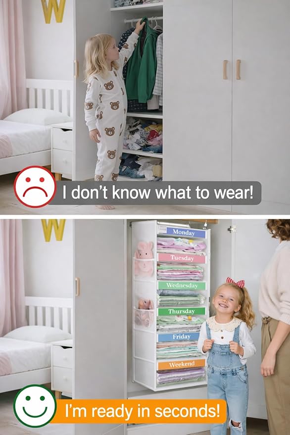 punemi Weekly Clothes Organizer for Kids, 6-Shelf Hanging Closet Storage with Side Pockets, Days of The Week Design, 11.8" x 11.8" x 37.8", Perfect for Organizing a Week's Worth of Kids' Clothing