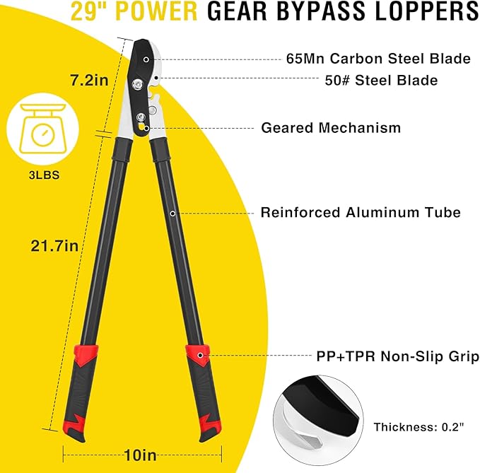 Yesker 29 Inch Loppers for Tree Trimming Heavy Duty Bypass Loppers Powerful Gear Action Sharp Steel Blade Tree Trimmer up to 1.5" Dia Cut Capacity Non-slip Handle Branch Cutter for Garden Maintenance