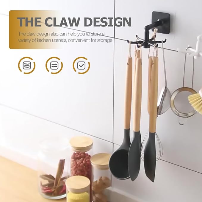 ARTIBETTER 4pcs Rotatable Kitchen Utensil Hooks Set, 360° Swivel Hanging Holders for Wall Under Cabinet Storage, Black and White Non-Drill Hooks for Space-Saving Organization