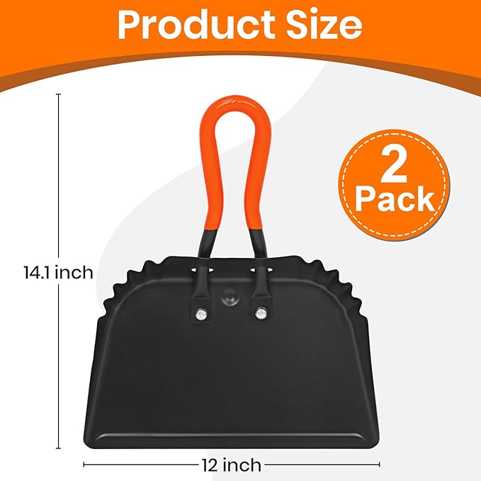 (2PK) Metal Dust Pans Heavy Duty, 12” Outdoor Dustpan with Rubber Handheld Handle, Large Shovel Wide Scooopers for Garage Shop Fireplace Commercial Uses