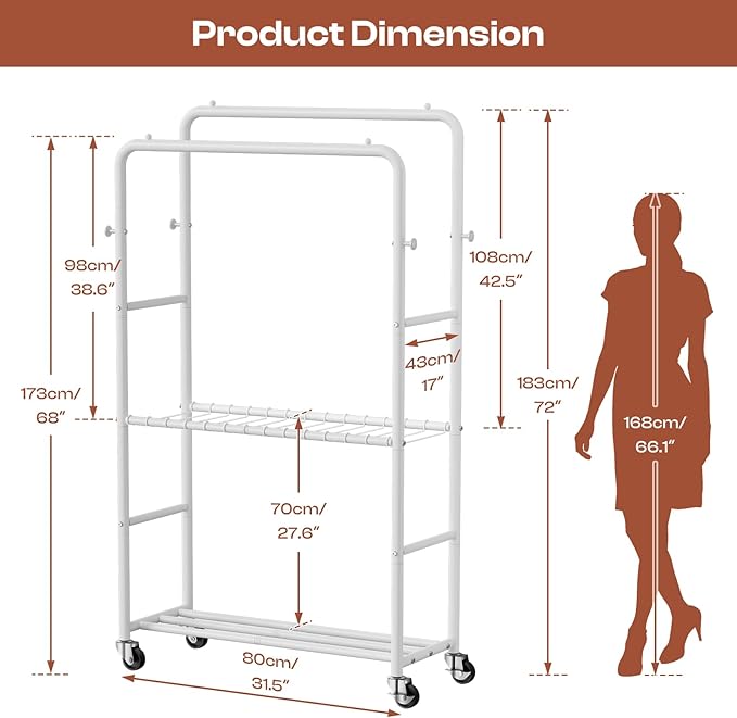 Clothes Racks for Hanging Clothes, Rolling Clothing Rack with Pants Rack, Side Hooks & Shoe Shelf, Portable Garment Rack for Bedroom, Laundry Room, Clothing Store, Closet, White