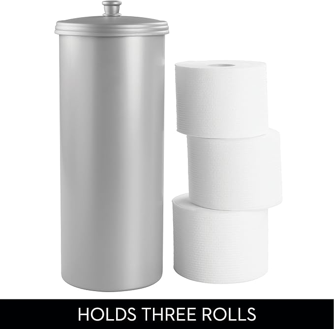 iDesign Freestanding Bathroom Toilet Paper Storage Holder with Lid for 3 Extra Rolls, Silver (Pack of 4)