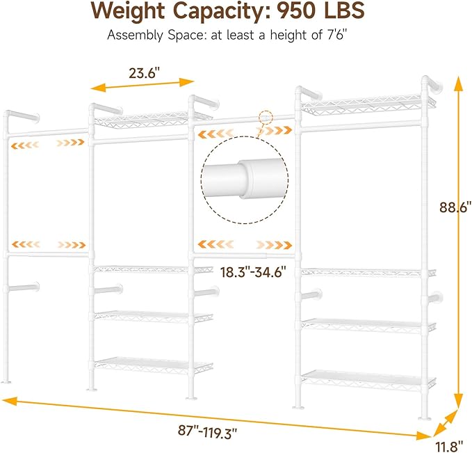 ONBRILL H4 Wall Mounted Closet System, Expandable Industrial Pipe Clothes Rack Clothing Rack for Hanging Clothes, Heavy Duty Closet Organizers and Storage in Wardrobe Closet - White