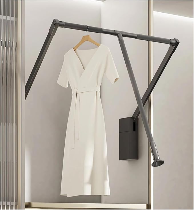 Pull Down Closet Rod for Hanging Clothes, Retractable Wardrobe Hanger for Cabinet Inside Width 26"~35", Aluminium alloy Tubing with Plastic Housing, 44 lb Weight Rating
